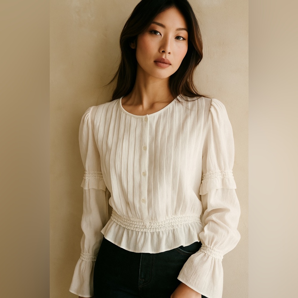 Women’s Cream Long-Sleeve Peplum Blouse
